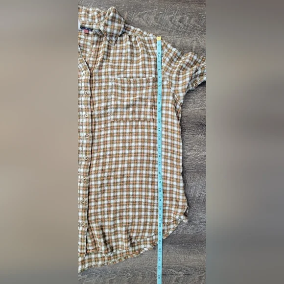 Pilcro Anthtopologie Crinkle Plaid Button-Up Women's L Cream Olive & Pink Flowy - Picture 9 of 12